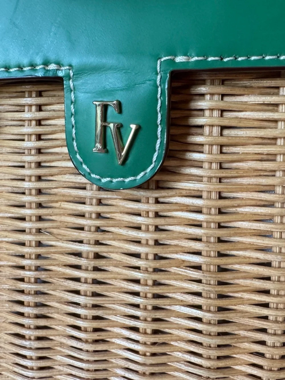 Frances Valentine Willow Wicker Basket Satchel Bag Natural and Green - Picture 9 of 11
